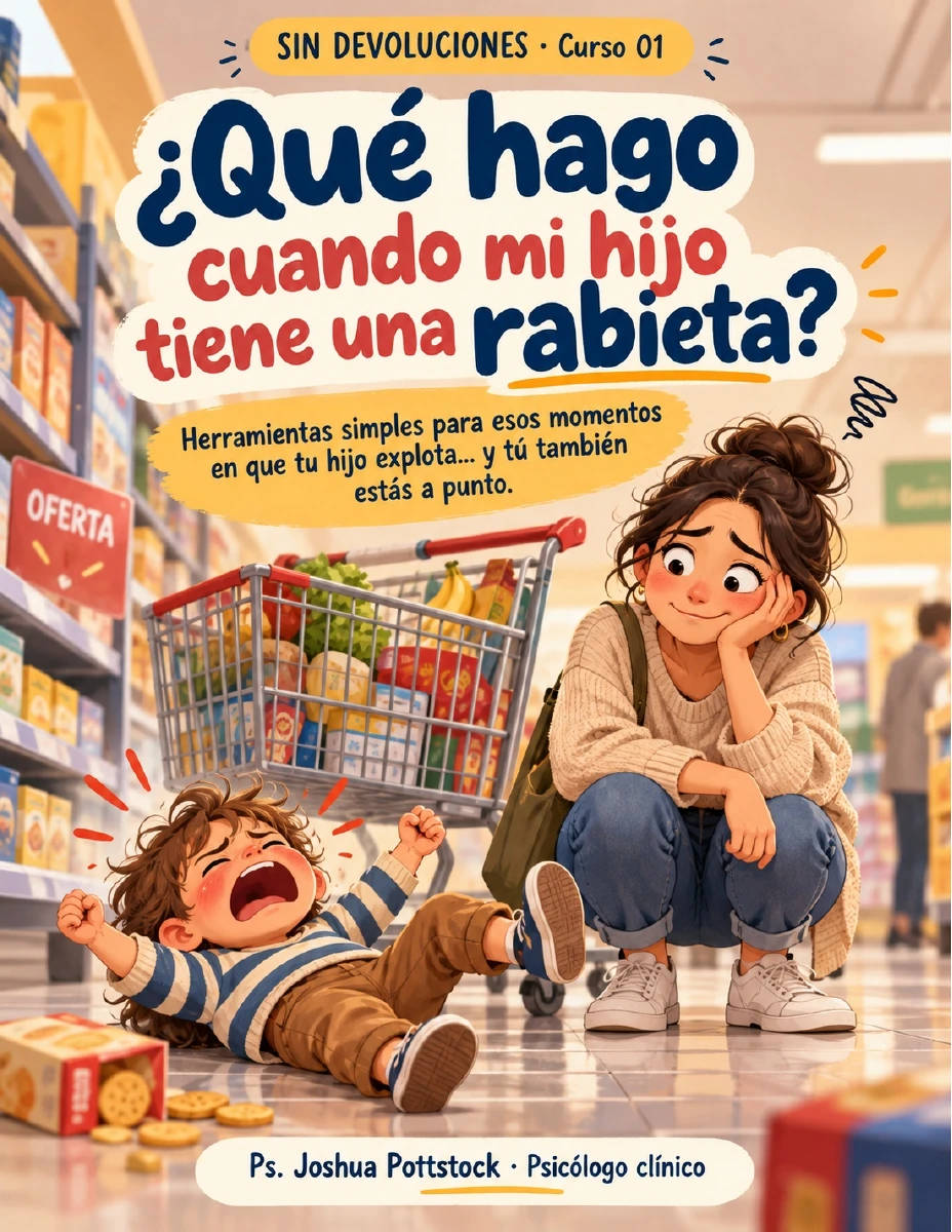 Portada de ¿Qué hago cuando mi hijo tiene una rabieta?, de Joshua Pottstock: una madre y un niño en un supermercado.