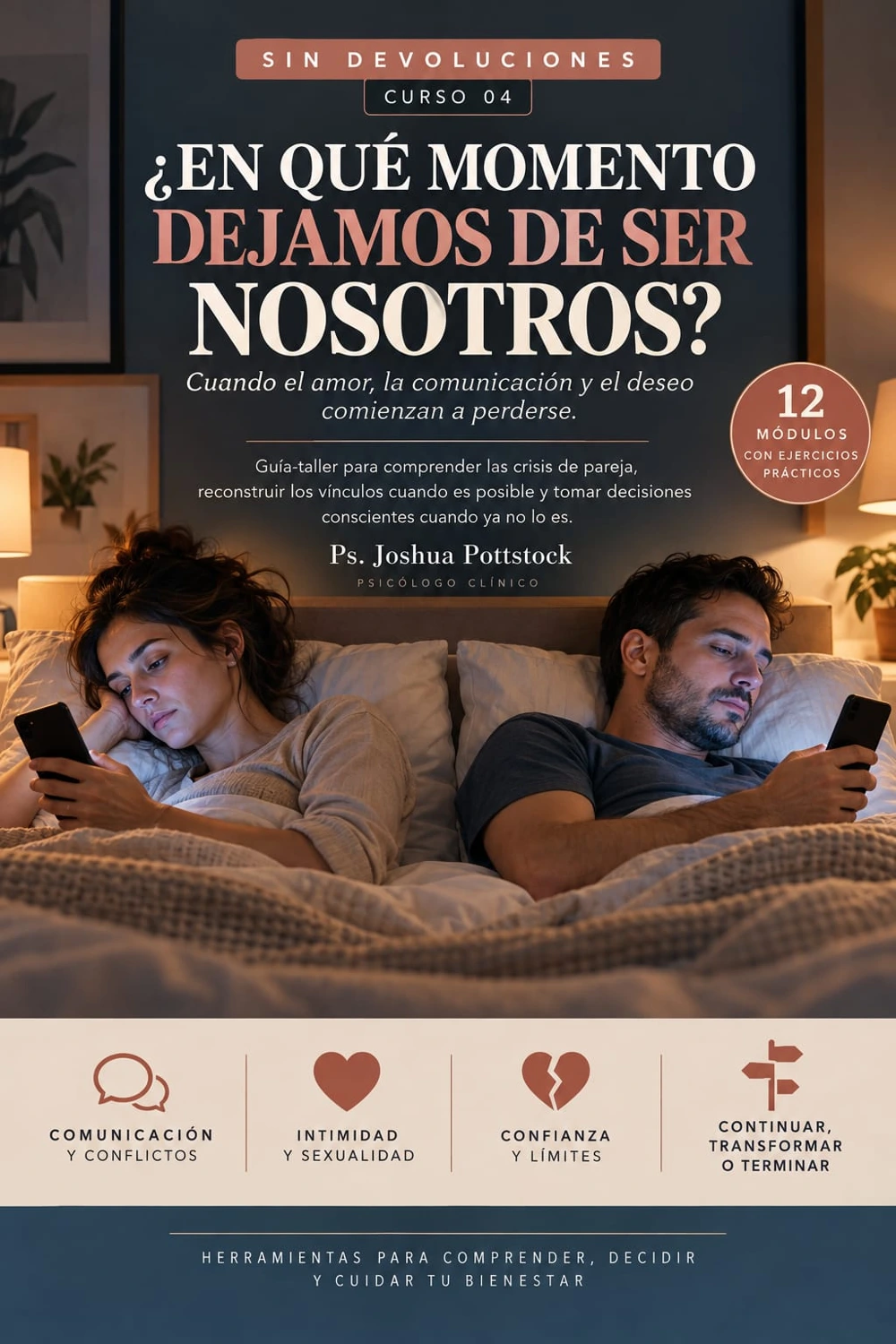 Portada de ¿En qué momento dejamos de ser nosotros?, de Joshua Pottstock: una pareja mira sus teléfonos de espaldas en la cama.