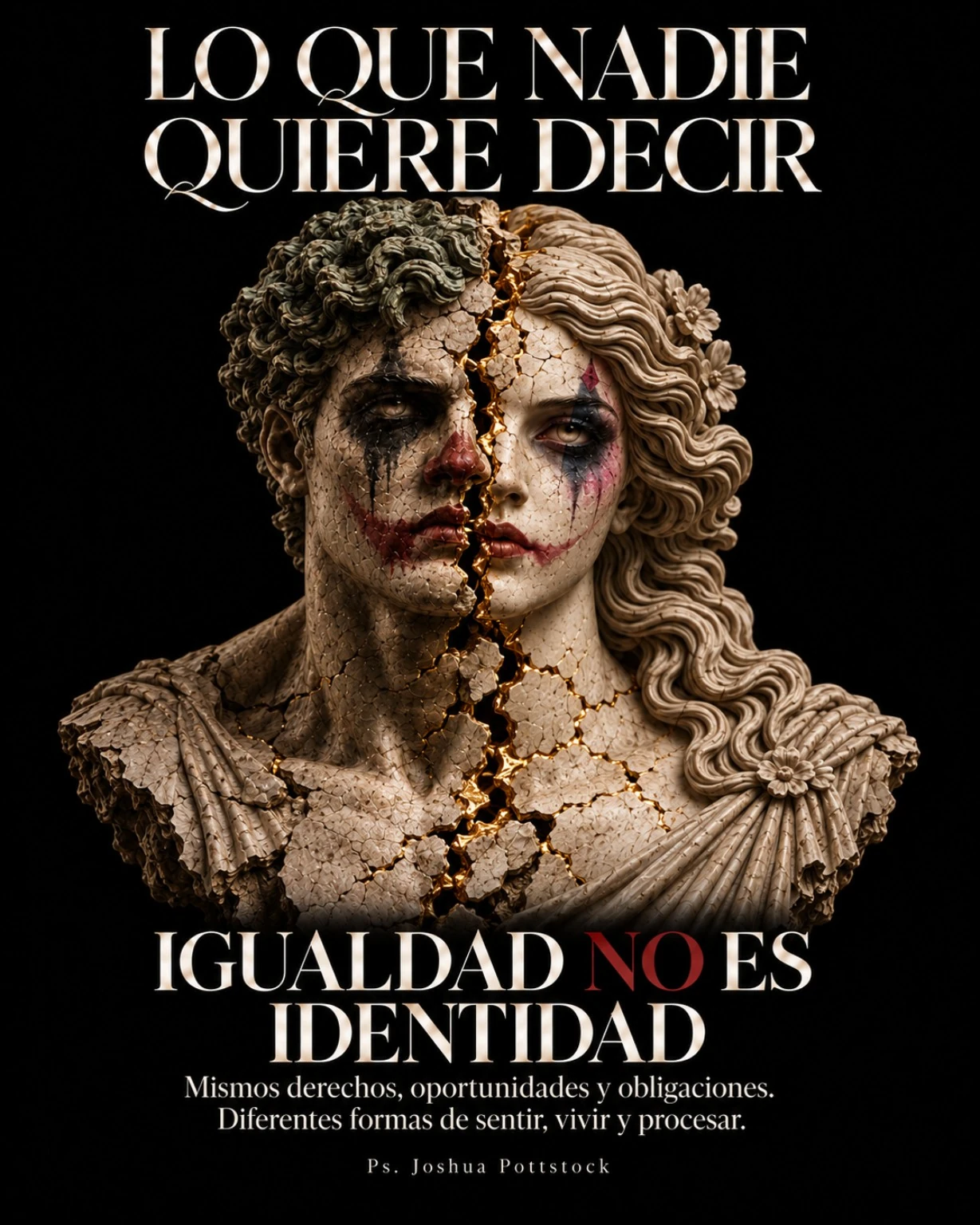Lo que nadie quiere decir: Igualdad no es identidad. Mismos derechos, oportunidades y obligaciones. Diferentes formas de sentir, vivir y procesar. Bustos masculino y femenino separados por una grieta dorada.