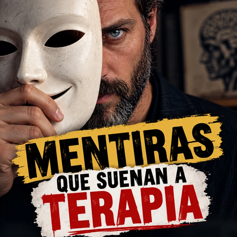 Portada de Mentiras que suenan a terapia: un hombre sostiene una máscara frente a su rostro.